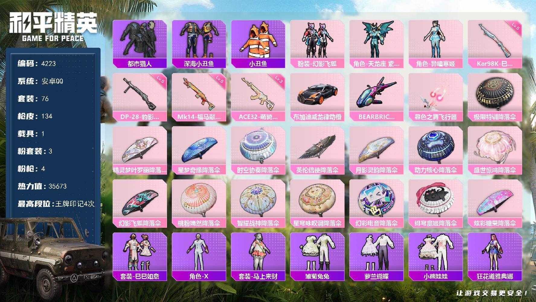 和平精英账号安卓QQ76套装/枪械4/装备168/载具1/战备103/王牌印记4/热力值35673/三级ACE32-萌骑