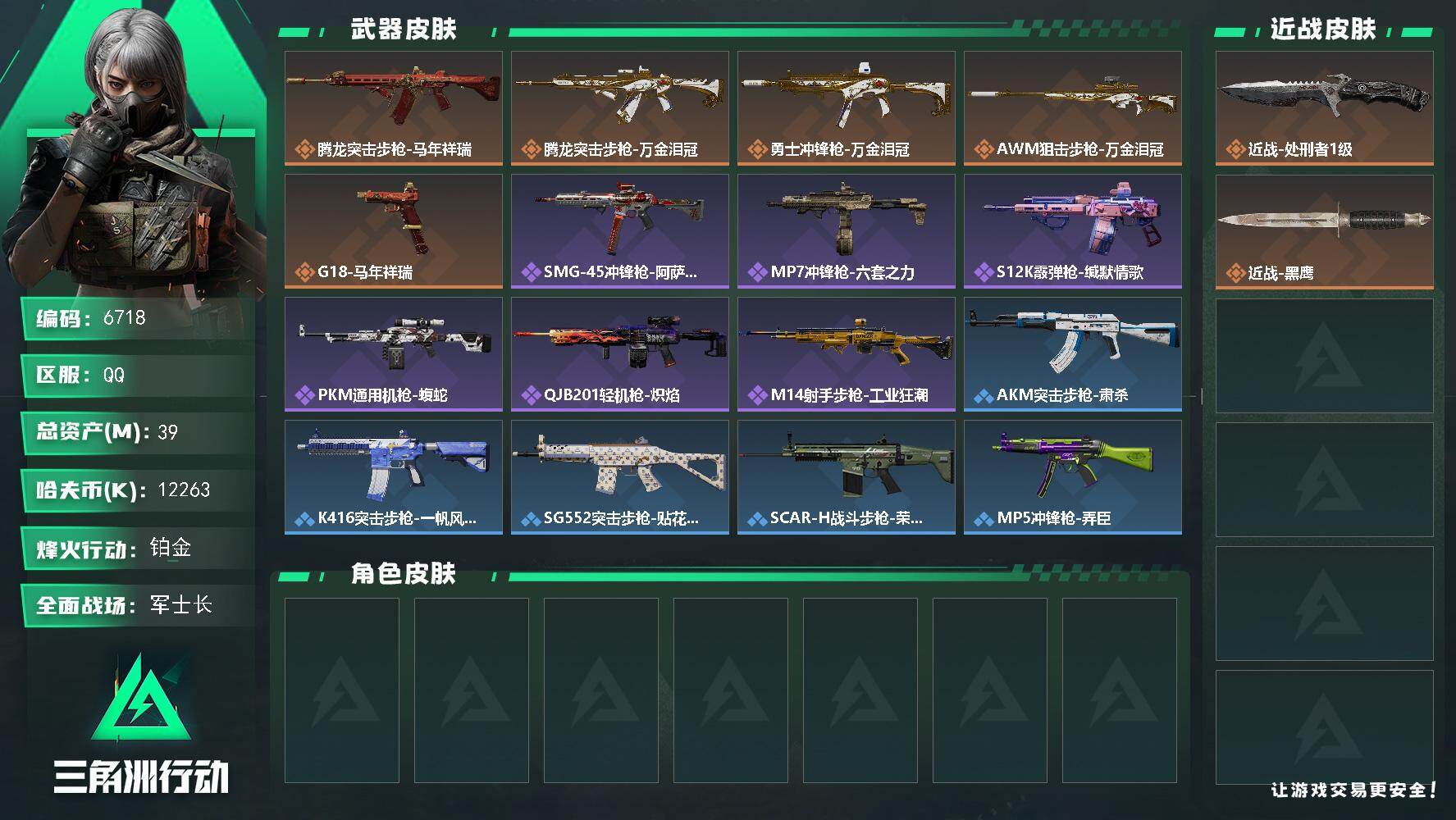 三角洲行动账号QQ总资产(M)：39M/哈夫币(K)：12263K/哈夫币(K)：12263K/传说枪皮数：5/全面战
