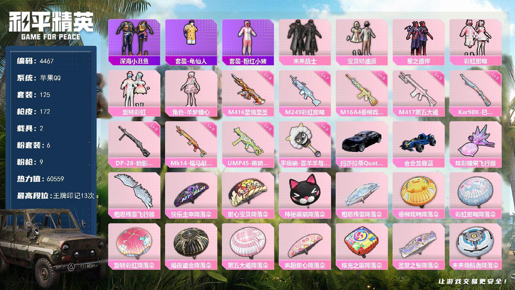 和平精英账号苹果QQ2载具-125套装-172枪皮-125套装/枪械9/装备219/载具2/战备127/王牌印记13/热