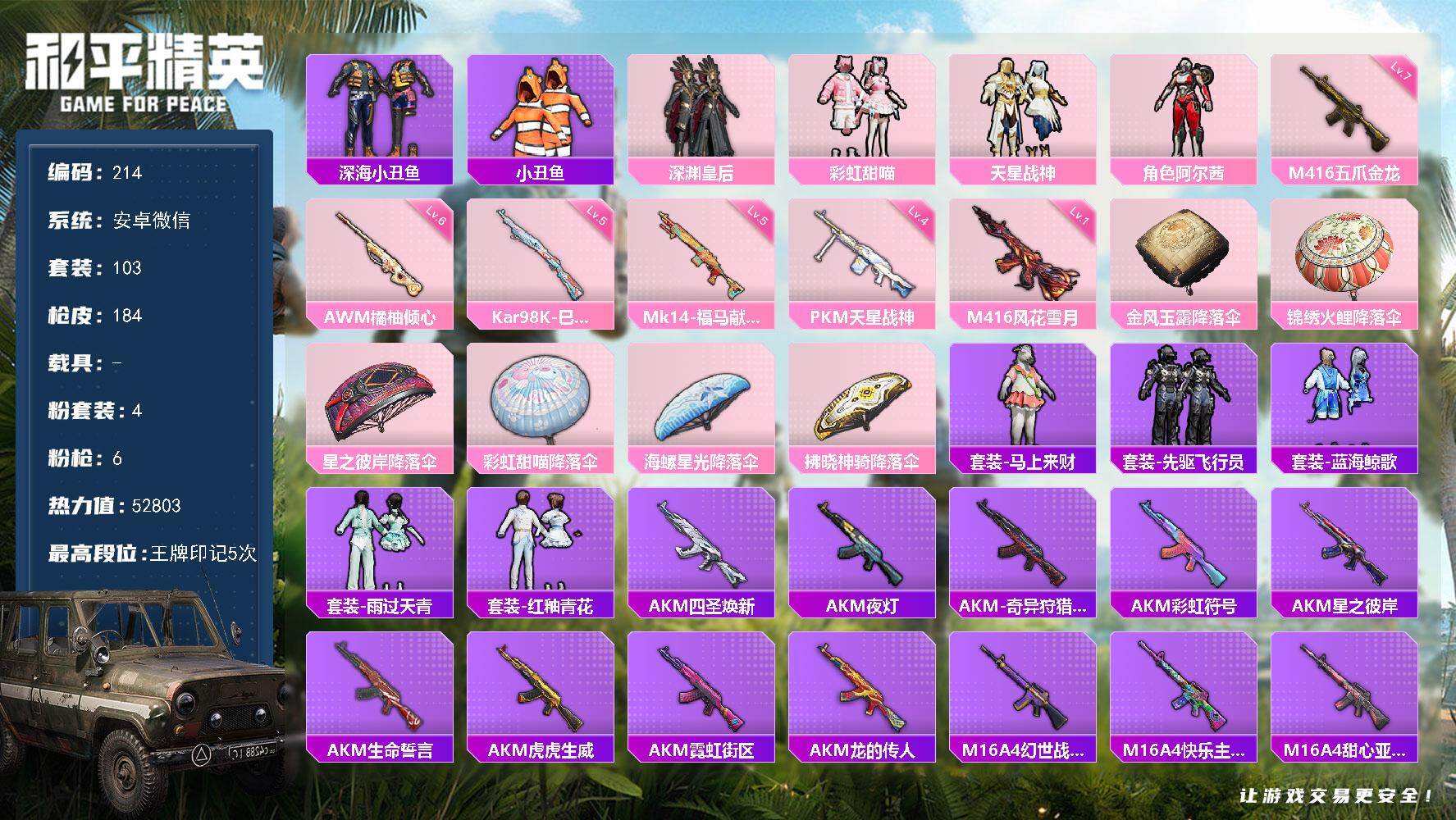 和平精英账号安卓微信 HJ6633 可二 60级 4粉装6特效枪103套装184枪皮 5印记 【4粉装】 阿尔茜 天星战