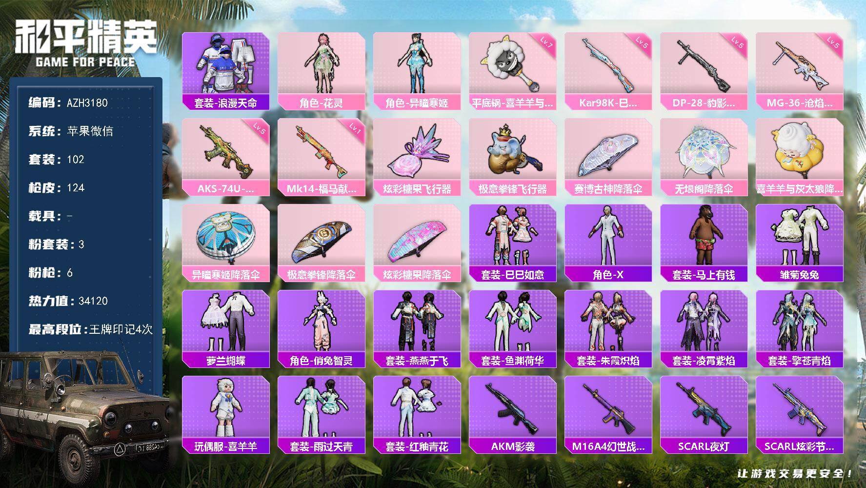 和平精英账号苹果微信0载具-102套装-124枪皮-苹果 微信-3粉装-6特效枪-0载具-2粉色飞行器-34120热力值