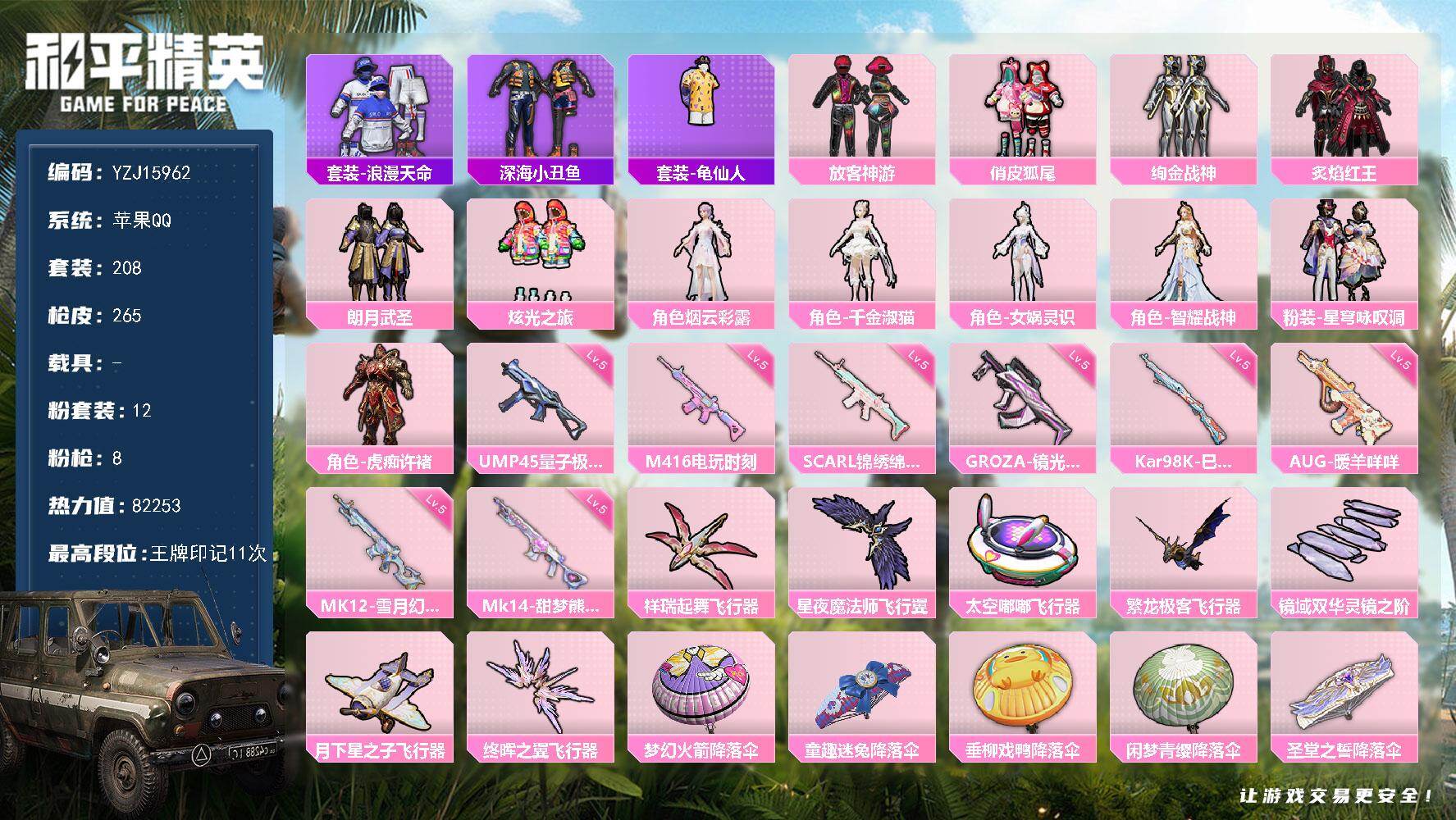 和平精英账号苹果QQ0载具-208套装-265枪皮-YZJ15962-可二次-苹果Q-3稀有12粉装8特效枪18热门【精