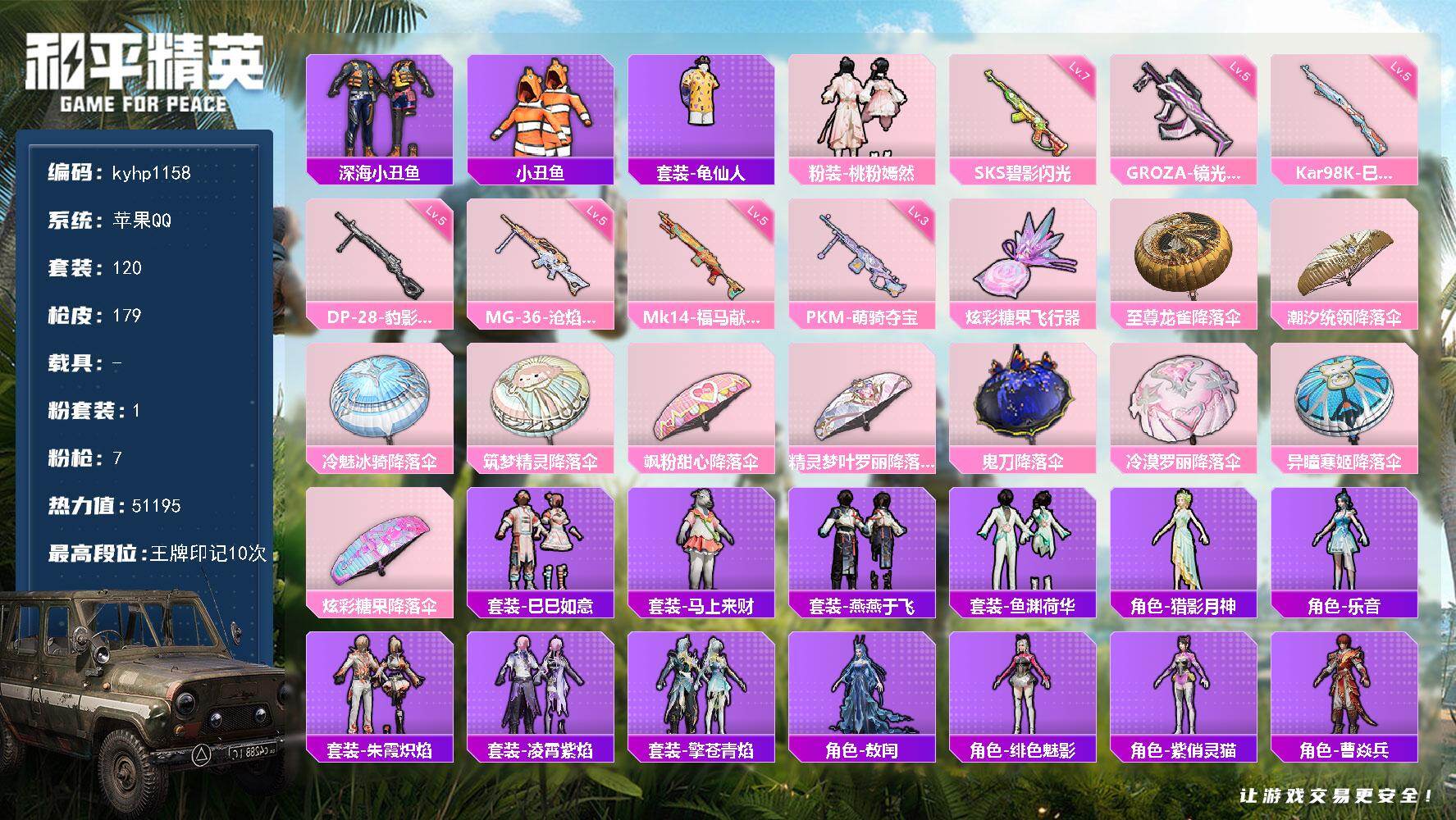 和平精英账号苹果QQ苹果 手Q-1粉装-7特效枪-0载具-1粉色飞行器-51195热力值-10王牌印记-120套装-17