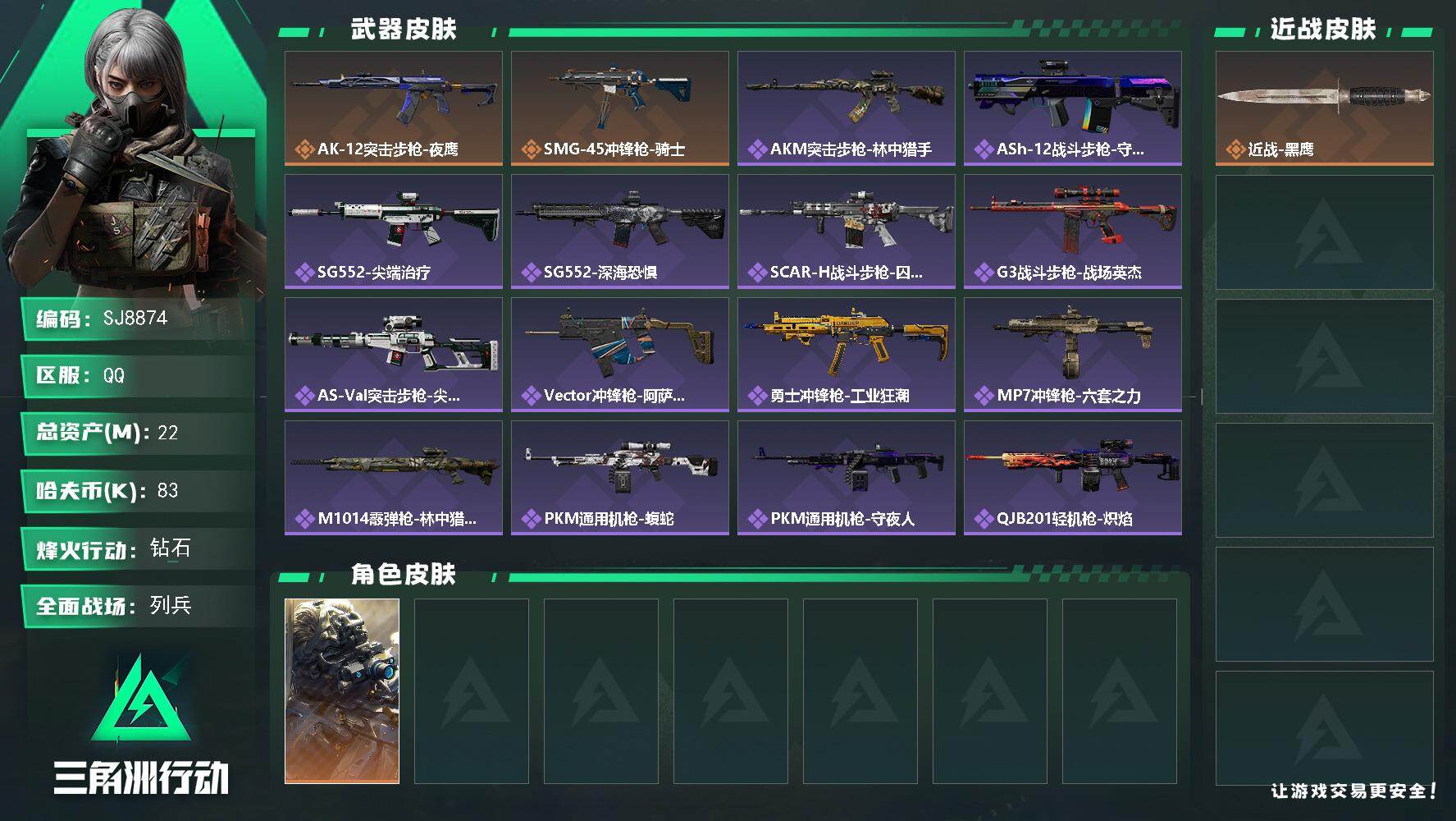 三角洲行动账号QQ【SJ8874】总资产(M)：22M/哈夫币(K)：83K/哈夫币(K)：83K/传说枪皮数：2/全面战场等级：15_段位：列兵/烽火地带等级：60_段位：钻石/无名-夜鹰/近战-黑鹰/AK-12突