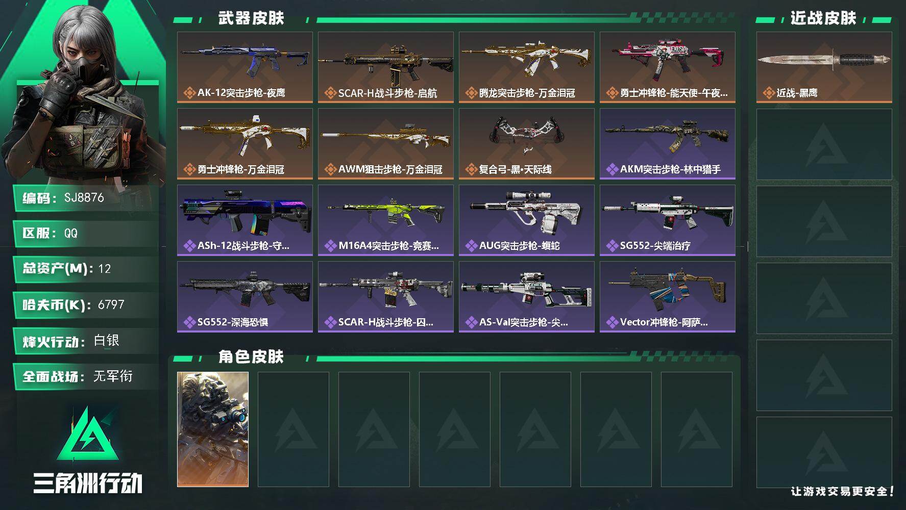 三角洲行动账号QQ【SJ8876】总资产(M)：12M/哈夫币(K)：6797K/哈夫币(K)：6797K/传说枪皮数：7/全面战场等级：1_段位：无段位/烽火地带等级：59_段位：白银/无名-夜鹰/近战-黑鹰/AK