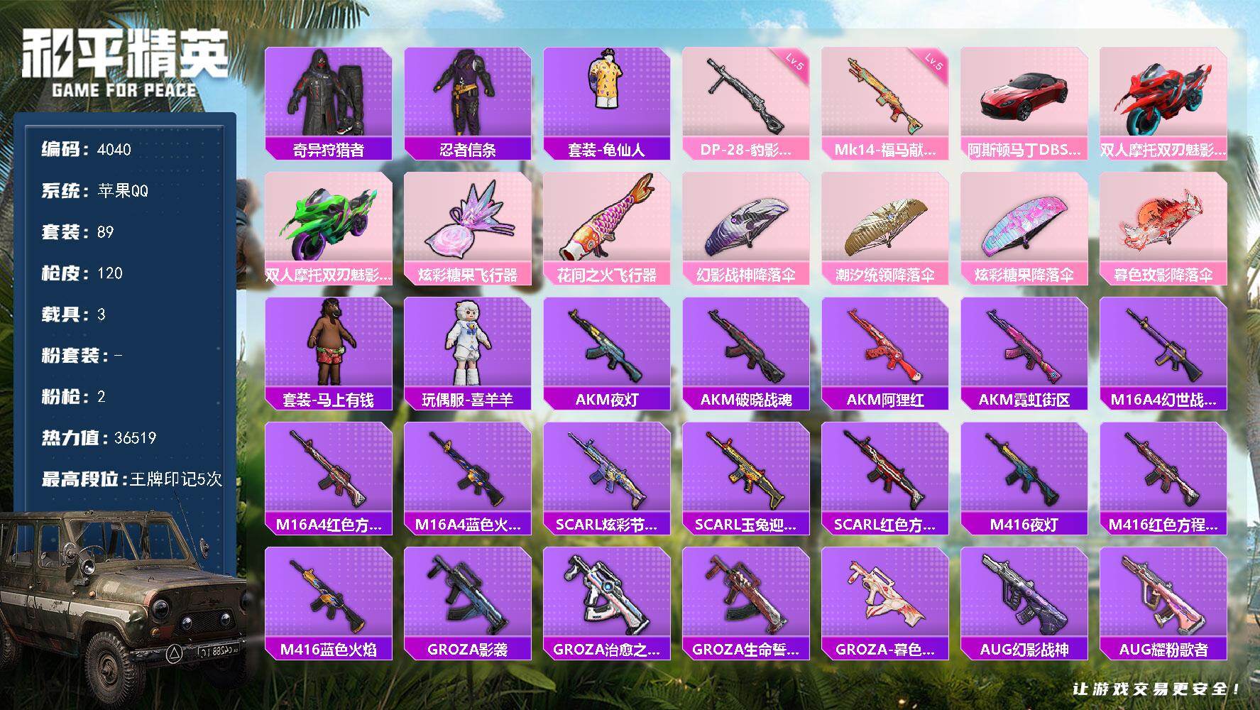 和平精英账号苹果QQ89套装/枪械2/装备145/载具3/战备86/王牌印记5/热力值36519/五级Mk14-福马献瑞