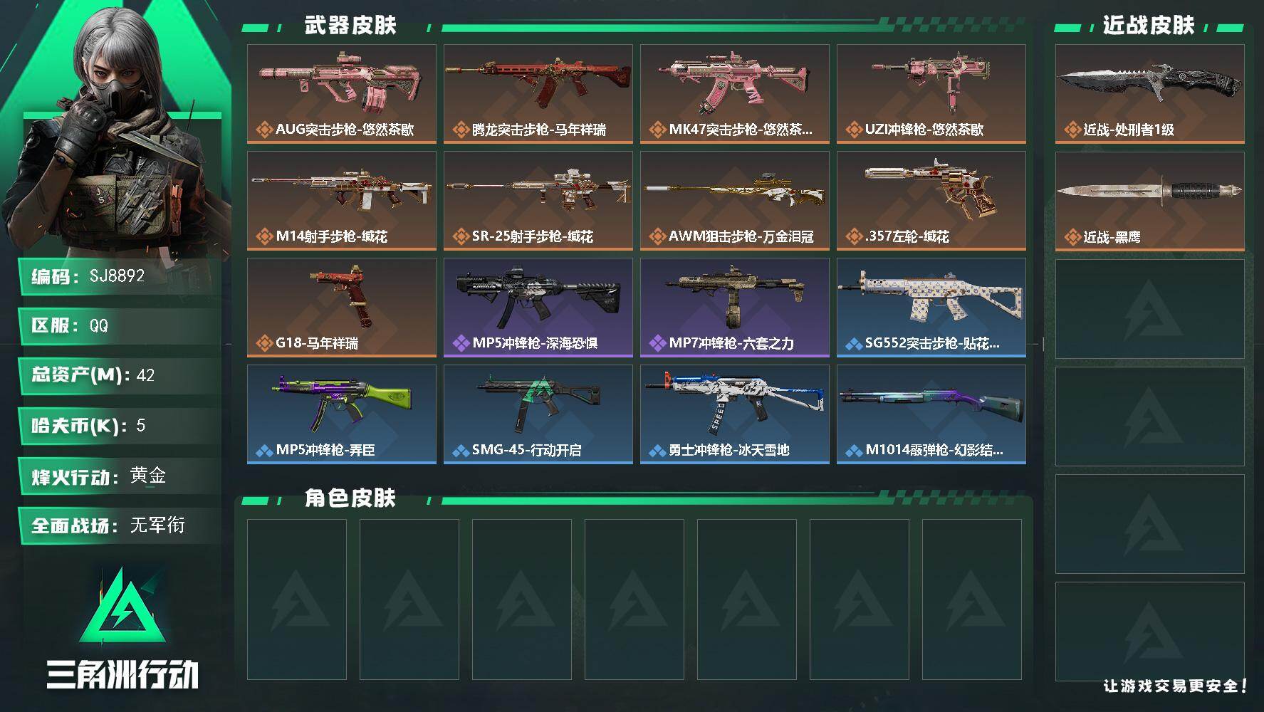 三角洲行动账号QQ【SJ8892】总资产(M)：42M/哈夫币(K)：5K/哈夫币(K)：5K/传说枪皮数：9/全面战场等级：1_段位：无段位/烽火地带等级：50_段位：黄金/近战-处刑者1级/近战-黑鹰/AUG突击