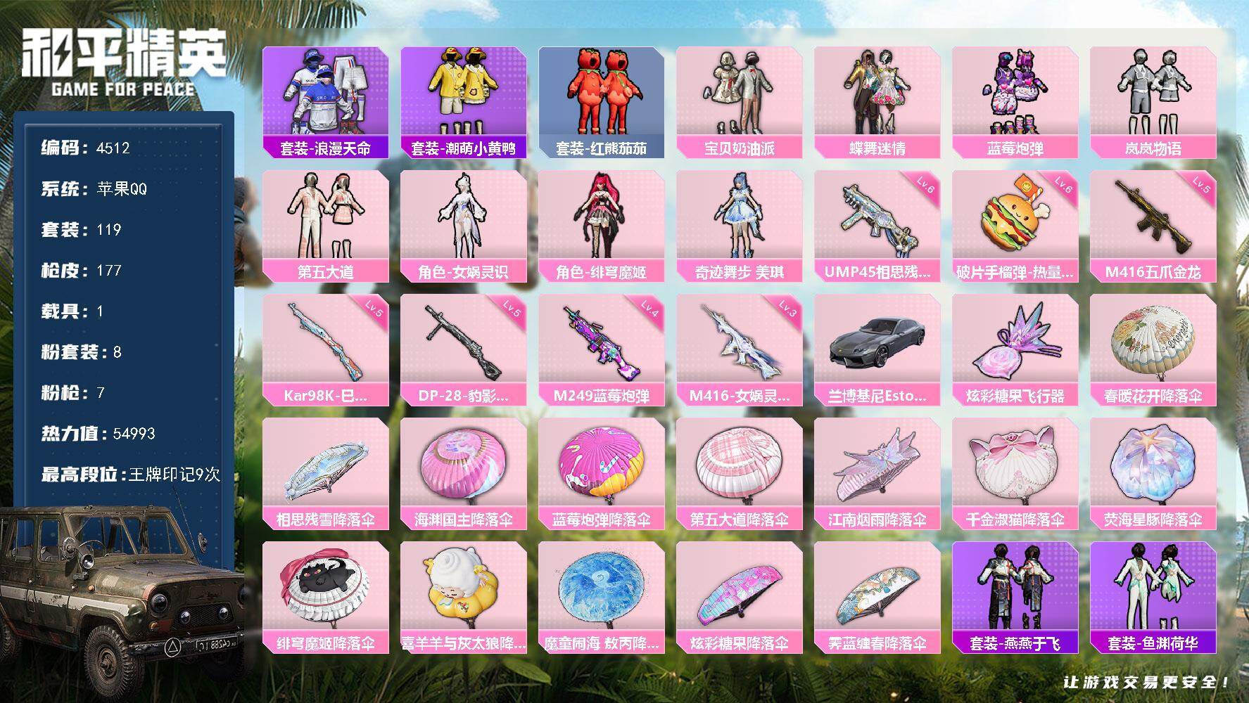 和平精英账号苹果QQ119套装/枪械7/装备217/载具1/战备115/王牌印记9/热力值54993/五级M416-五爪