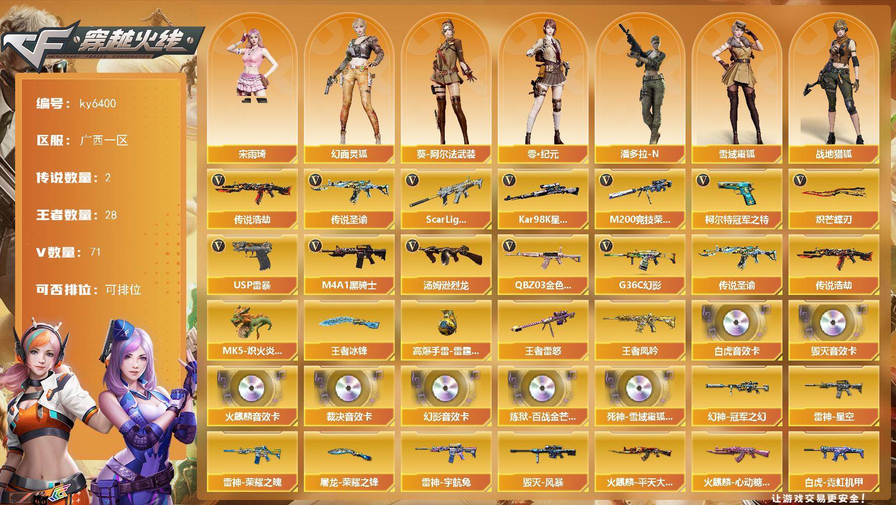 穿越火线账号南部战区[17793363]【ky6400】广西一区-83V-28王者武器数-0炫金武器数
【传说武器】：传说圣谕，传说浩劫
【热门武器】：传说浩劫，传说圣谕，G36C-幻影，QBZ03-金色蔷薇，Scar 