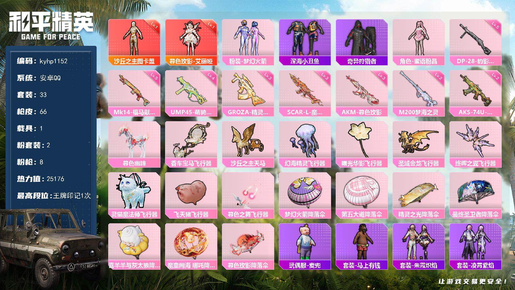 和平精英账号安卓QQ安卓 手Q-2神装-2粉装-8特效枪-1载具-10粉色飞行器-25176热力值-1王牌印记-33套装