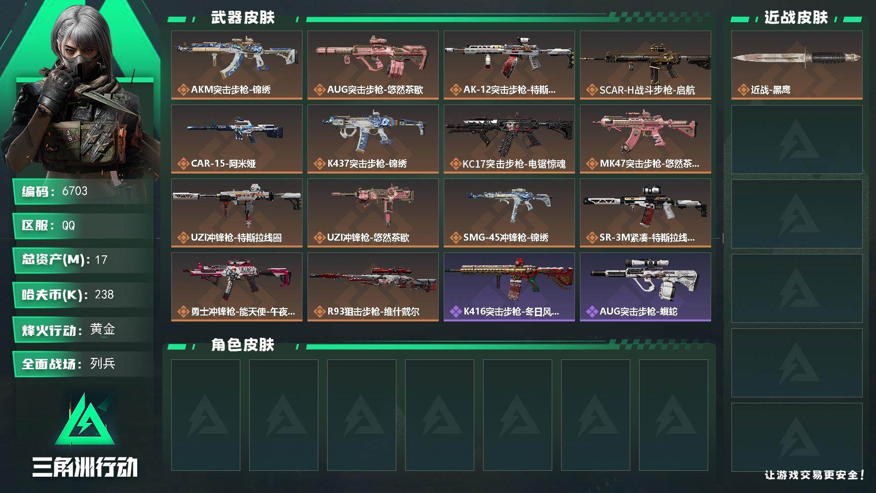 三角洲行动账号QQ总资产(M)：17M/哈夫币(K)：238K/哈夫币(K)：238K/传说枪皮数：14/全面战场等级