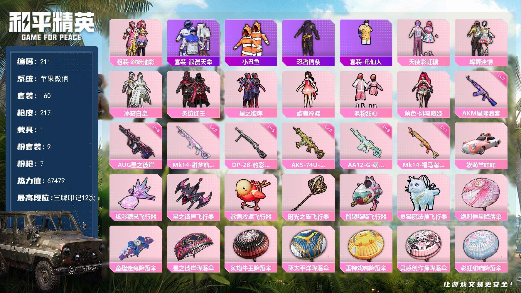 和平精英账号苹果微信HJ6629 可二 1稀有1载具9粉装7特效枪160套装217枪皮12印记【1稀有】 浪漫天命 【1
