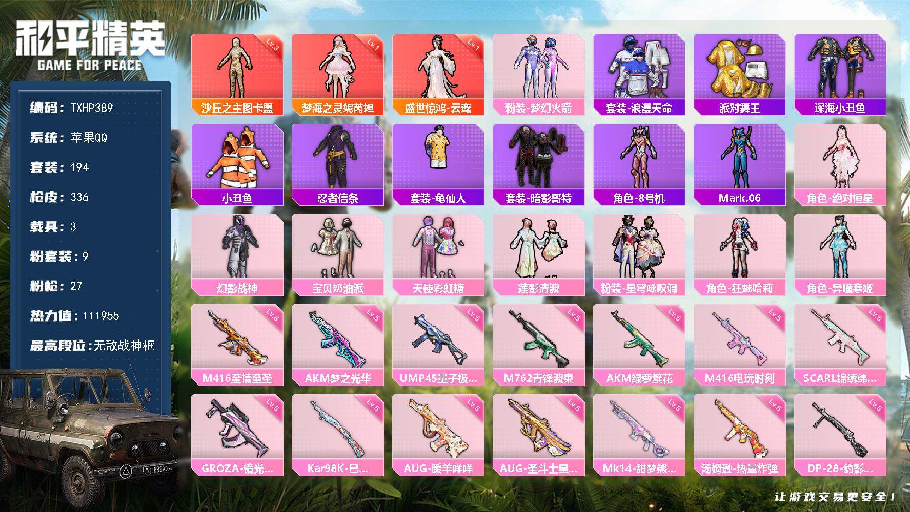 和平精英账号苹果QQ【TP389】苹果 手Q-无敌战神框-3神装-9粉装-27特效枪-3载具-8粉色飞行器-111955