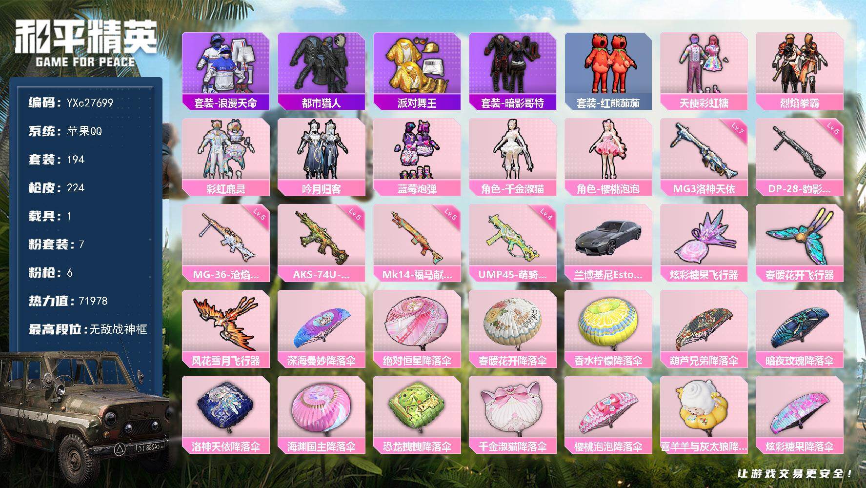 和平精英账号苹果QQ1载具-194套装-224枪皮-【战神框 都市 金鞋 番茄 哥特 猫包】YXc27699-【可二次】