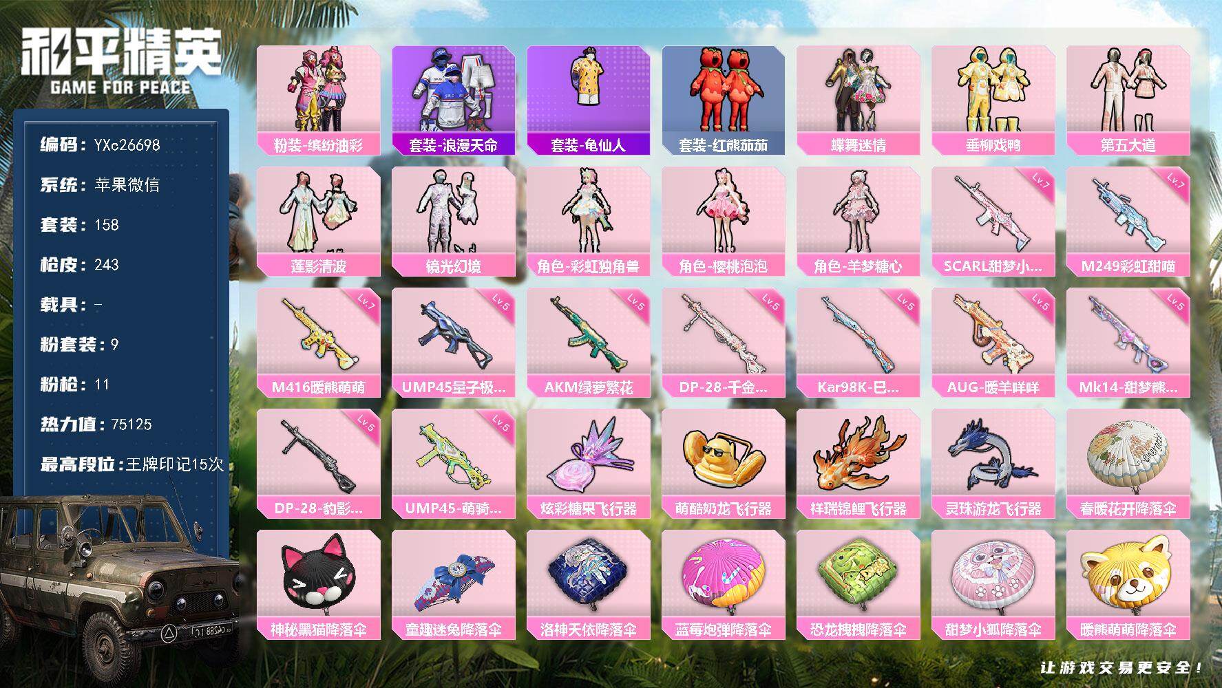 和平精英账号苹果微信0载具-158套装-243枪皮-【地铁满天赋 花仙子 猪妹 第五大道 番茄 兔兔】YXc26698-