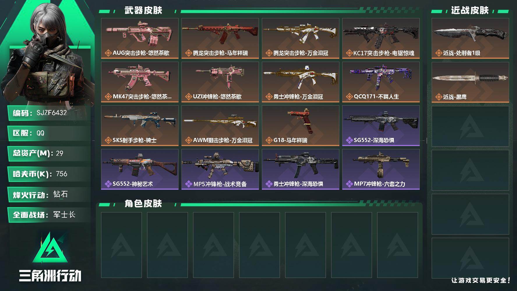 三角洲行动账号QQ【SJZF6432】总资产(M)：29M/哈夫币(K)：756K/哈夫币(K)：756K/传说枪皮数：11/全面战场等级：26_段位：军士长/烽火地带等级：60_段位：钻石/近战-处刑者1级/近战-