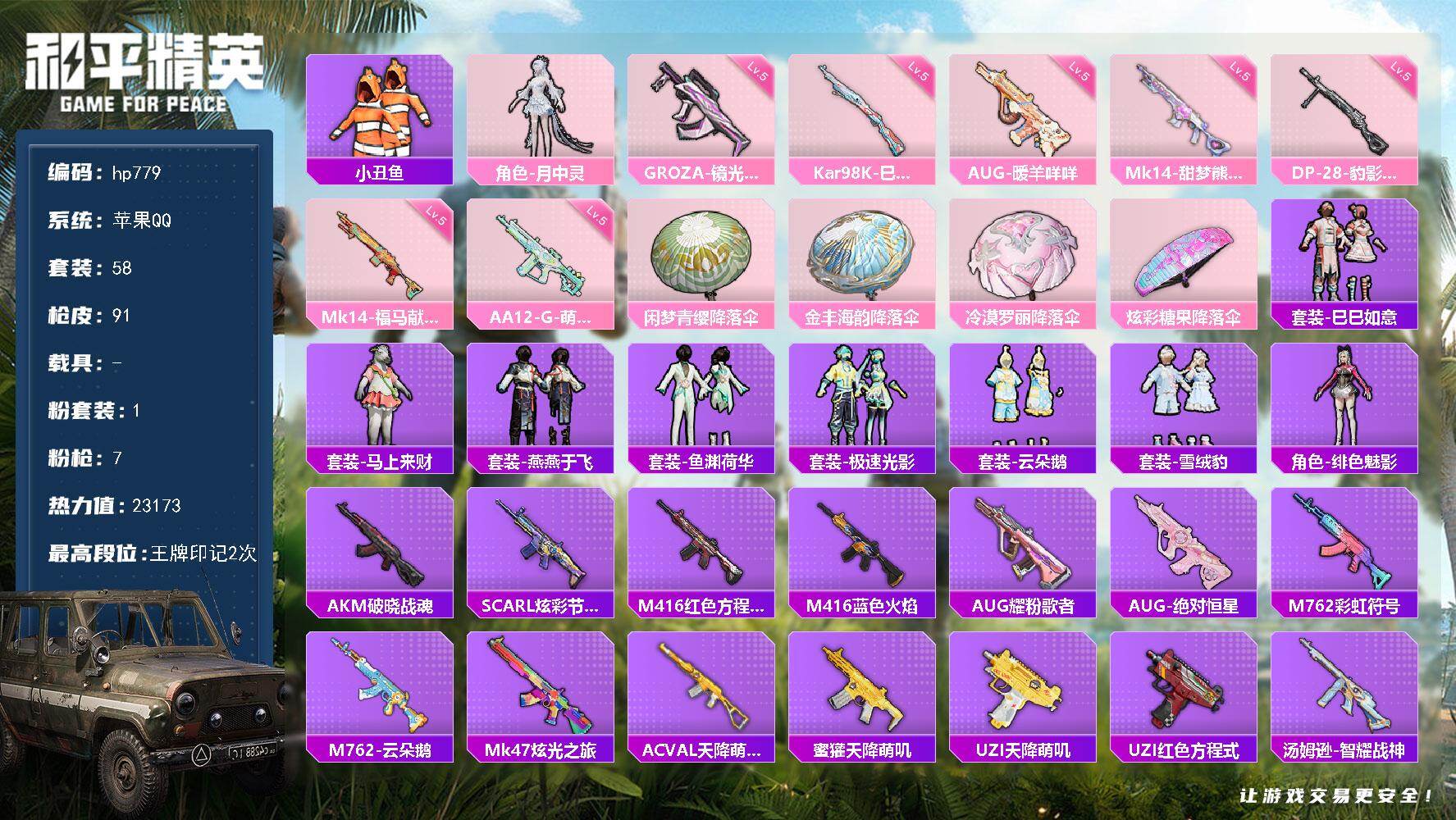 和平精英账号苹果QQ0载具-58套装-91枪皮-苹果 手Q-1粉装-7特效枪-0载具-0粉色飞行器-23173热力值-2