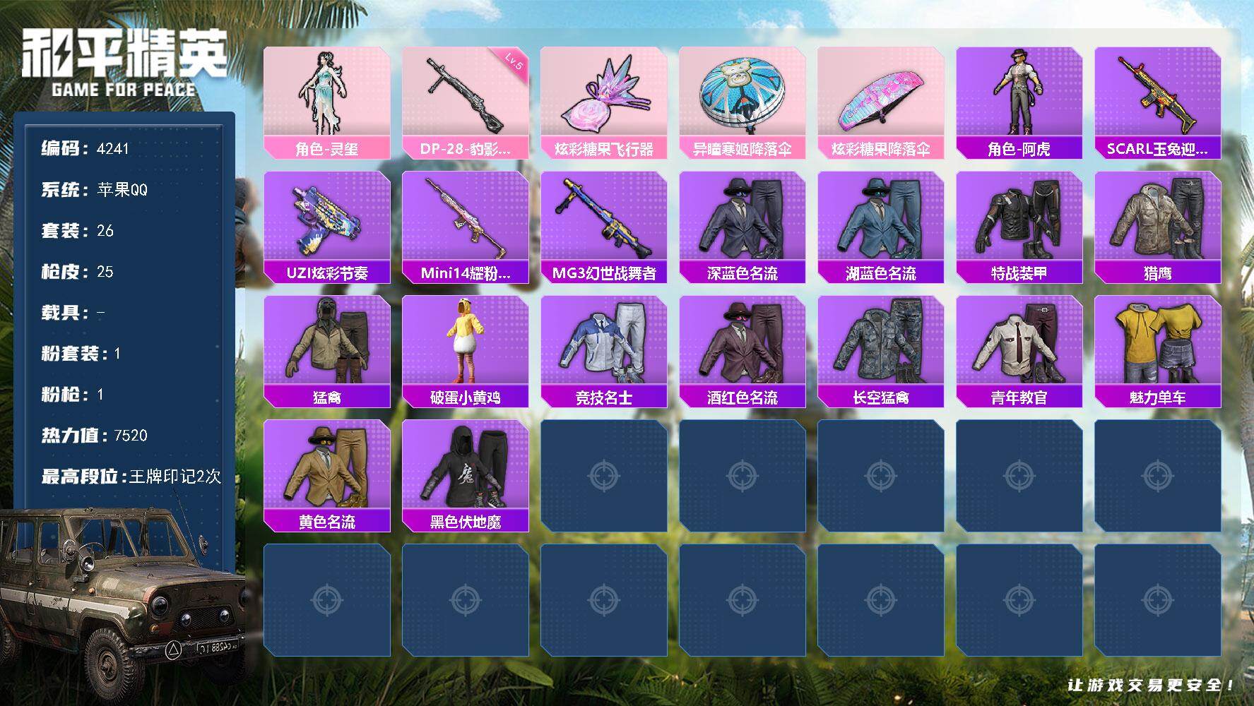 和平精英账号苹果QQ0载具-26套装-25枪皮-26套装/枪械1/装备43/战备28/王牌印记2/热力值7520/五级D
