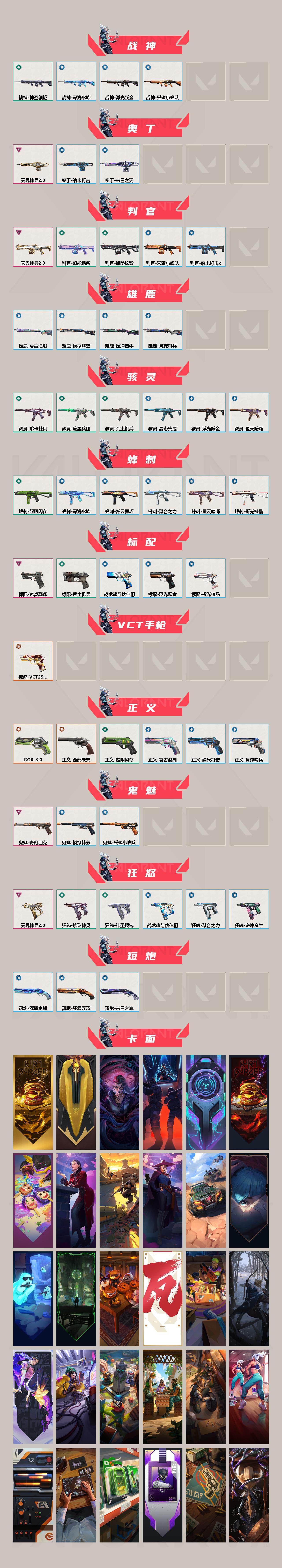 【套装】：2021全球冠军赛套装，《双城之战》收藏套装，天界神兵//2.0套装
【英雄】：幻棱，炼狱，维斯，暮蝶，钛狐，铁臂，捷风，幽影，不死鸟，贤者，猎枭，蝰蛇，芮娜，尚勃勒，霓虹，斯凯，夜露，K