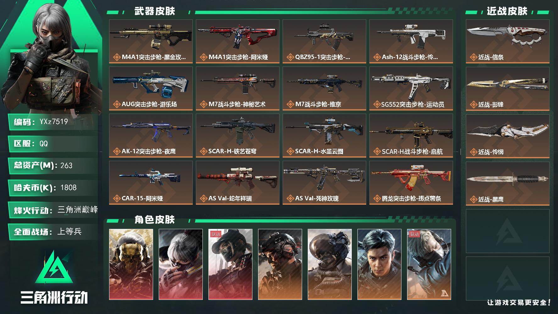 三角洲行动账号QQ【高氪金土豪号-三红皮+三刀皮+一3把典藏皮肤+铁面判官+飞虎-高额资产263M-满特勤】【蚀金玫瑰