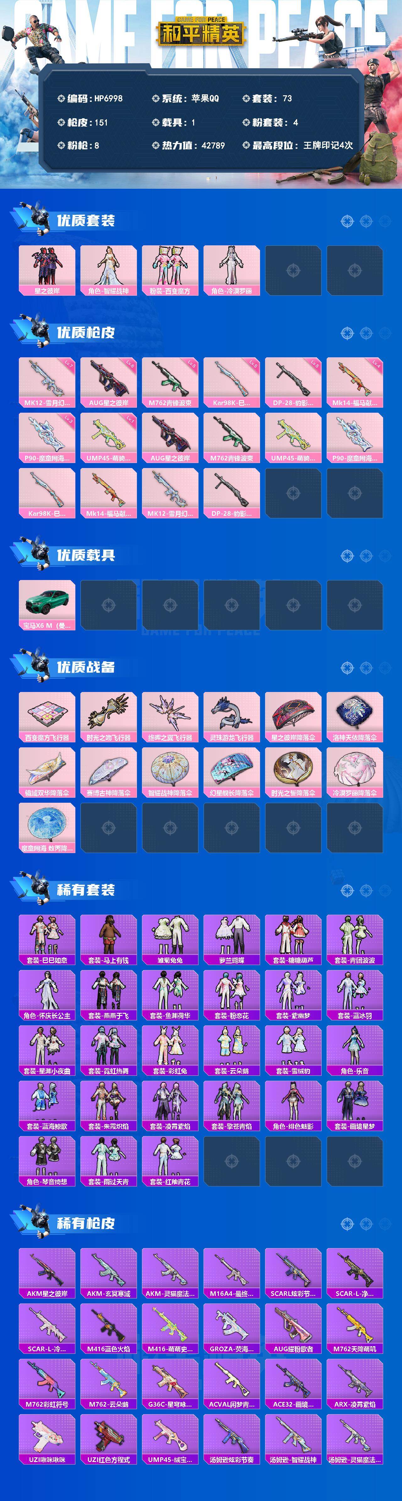 和平精英账号苹果QQ（4粉套8粉枪1载具）星之彼岸/智耀战神/百变魔方/冷漠罗丽/AUG星之彼岸六级/M762青锋波束五
