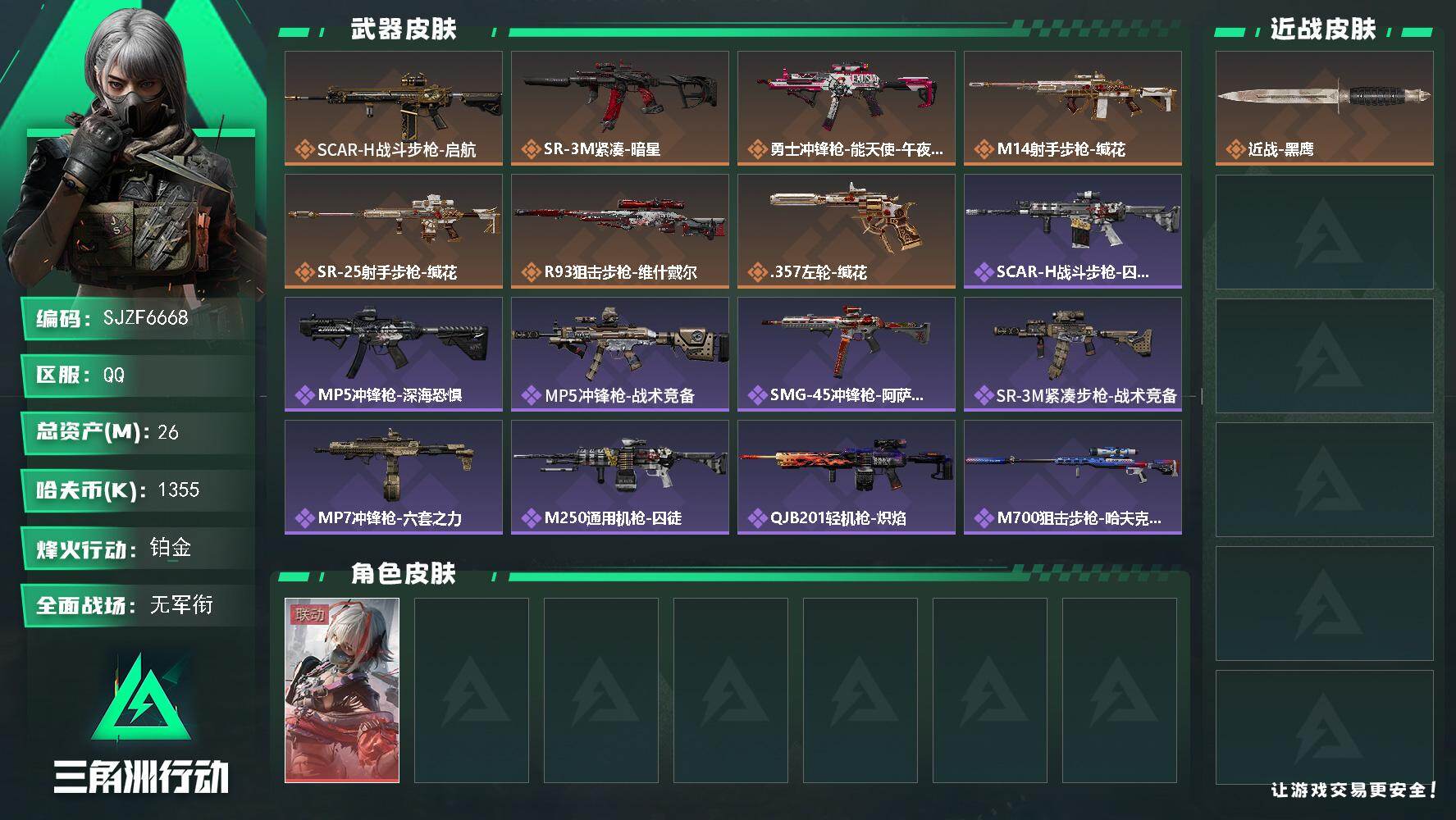 三角洲行动账号QQ【SJZF6668】总资产(M)：26M/哈夫币(K)：1355K/哈夫币(K)：1355K/传说枪皮数：7/全面战场等级：1_段位：无段位/烽火地带等级：47_段位：铂金/骇爪-维什戴尔/近战-黑