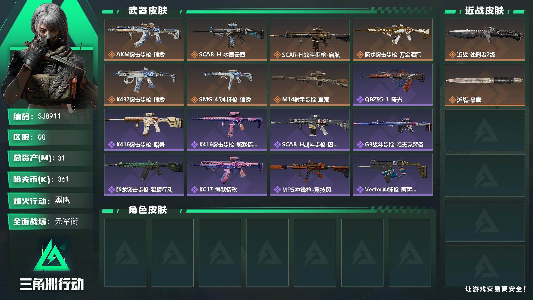 三角洲行动账号QQ【SJ8911】总资产(M)：31M/哈夫币(K)：361K/哈夫币(K)：361K/传说枪皮数：7/全面战场等级：1_段位：无段位/烽火地带等级：59_段位：黑鹰/近战-处刑者2级/近战-黑鹰/A