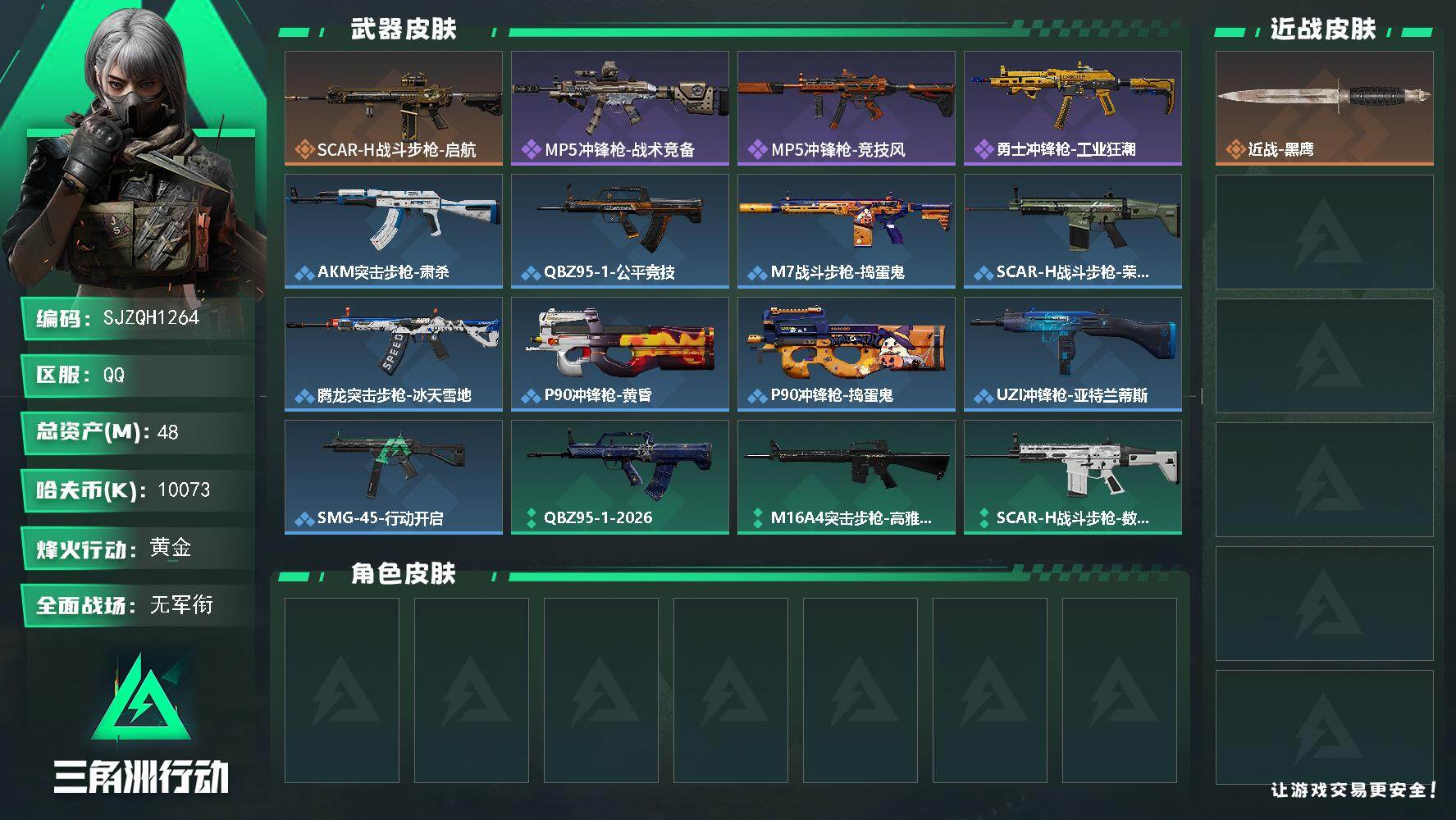 三角洲行动账号QQ【SJZQH1264】总资产(M)：48M/哈夫币(K)：10073K/哈夫币(K)：10073K/传说枪皮数：1/全面战场等级：1_段位：无段位/烽火地带等级：60_段位：黄金/近战-黑鹰/SCA
