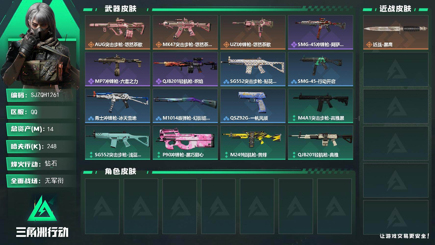 三角洲行动账号QQ【SJZQH1261】总资产(M)：14M/哈夫币(K)：248K/哈夫币(K)：248K/传说枪皮数：3/全面战场等级：1_段位：无段位/烽火地带等级：60_段位：钻石/近战-黑鹰/AUG突击步枪