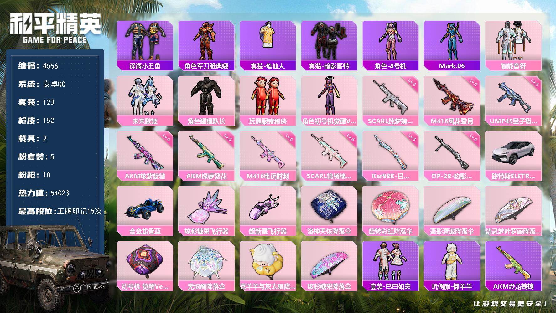 和平精英账号安卓QQ123套装/枪械10/装备181/载具2/战备113/王牌印记15/热力值54023/五级AKM-炫