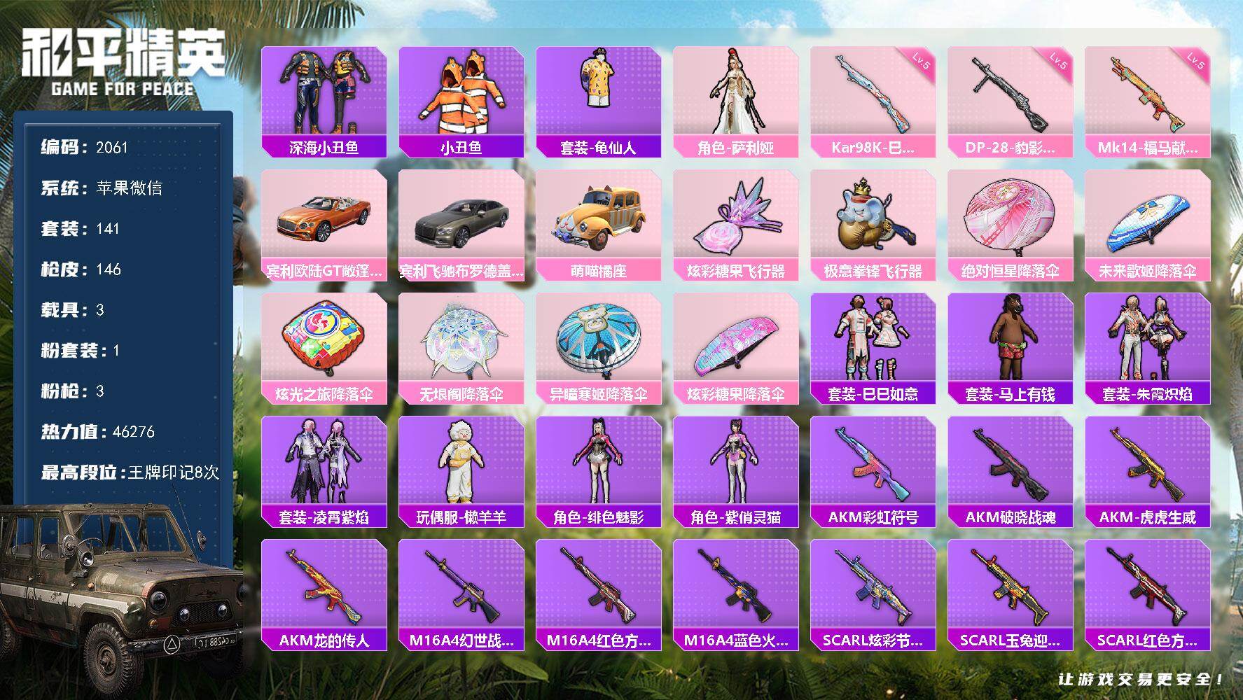 和平精英账号苹果微信【2061】【玩具号·深海小丑鱼·3载具】苹果 微信-1粉装-3特效枪-3载具-2粉色飞行器-462