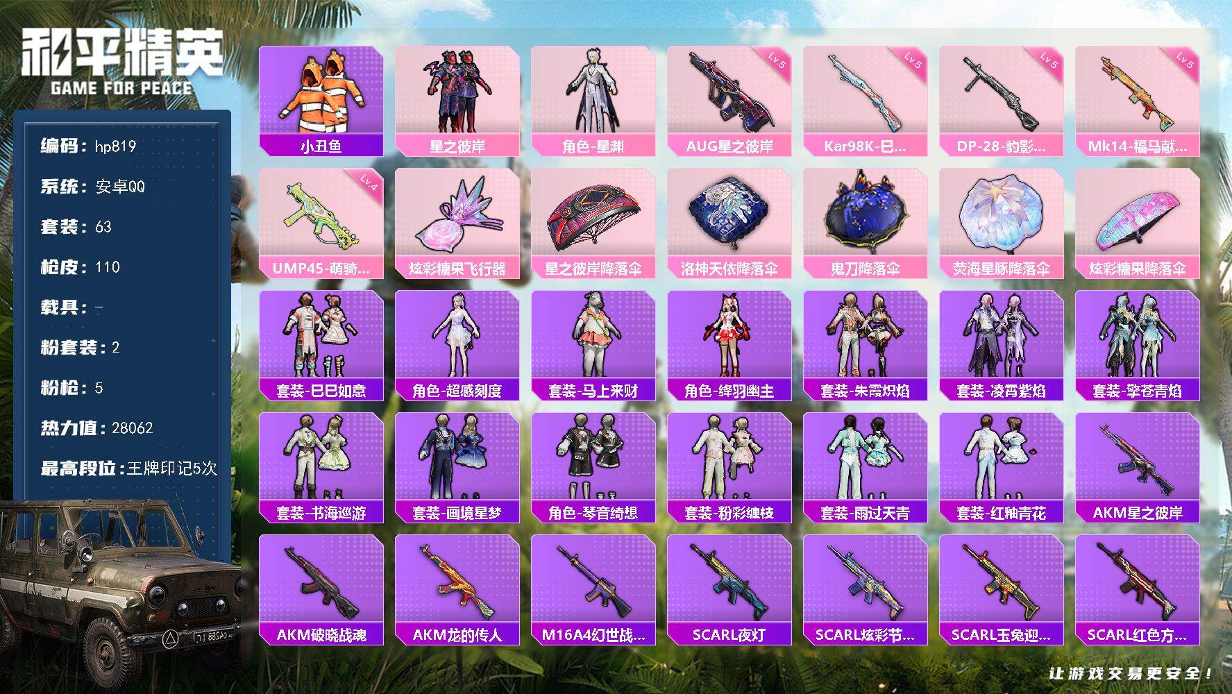 和平精英账号安卓QQ0载具-63套装-110枪皮-安卓 手Q-2粉装-5特效枪-0载具-1粉色飞行器-28062热力值-