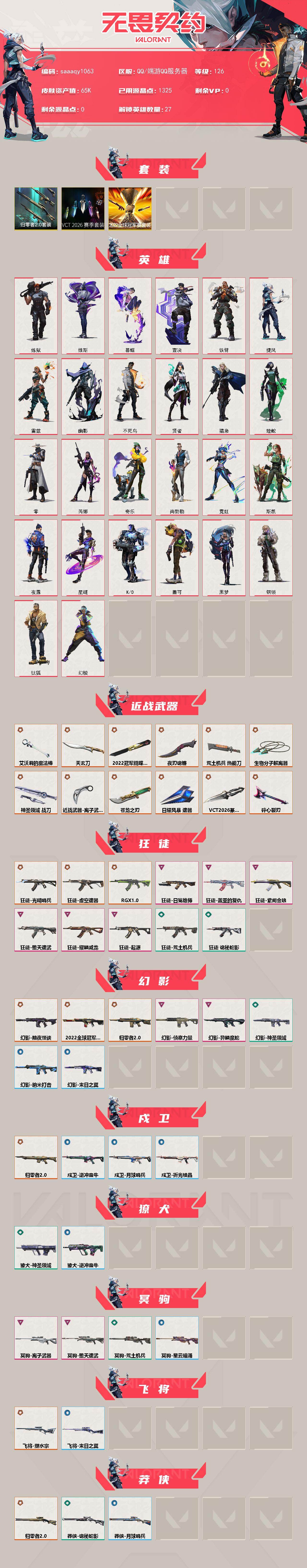 【套装】：2022全球冠军赛套装，VCT 2026 赛季套装，归零者//2.0套装
【英雄】：幻棱，炼狱，维斯，暮蝶，钛狐，壹决，铁臂，捷风，雷兹，幽影，不死鸟，贤者，猎枭，蝰蛇，零，芮娜，奇乐，尚