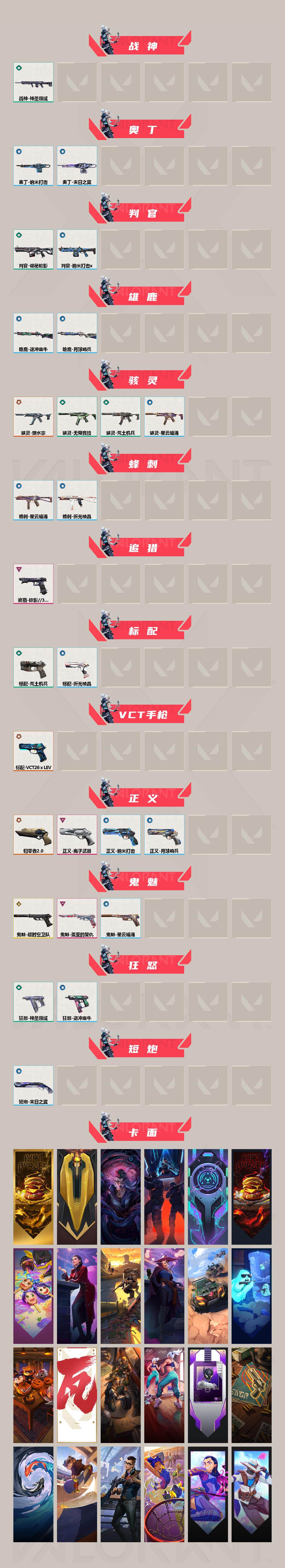 【套装】：2022全球冠军赛套装，VCT 2026 赛季套装，归零者//2.0套装
【英雄】：幻棱，炼狱，维斯，暮蝶，钛狐，壹决，铁臂，捷风，雷兹，幽影，不死鸟，贤者，猎枭，蝰蛇，零，芮娜，奇乐，尚