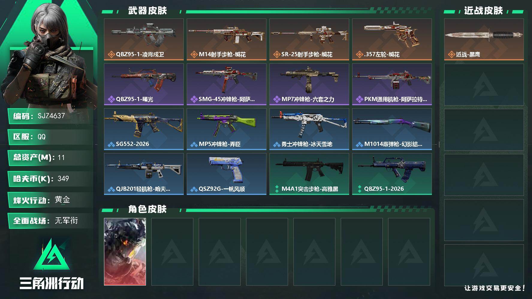 三角洲行动账号QQ【SJZ4637】总资产(M)：11M/哈夫币(K)：349K/哈夫币(K)：349K/传说枪皮数：4/全面战场等级：1_段位：无段位/烽火地带等级：35_段位：黄金/威龙-凌霄戍卫/近战-黑鹰/Q