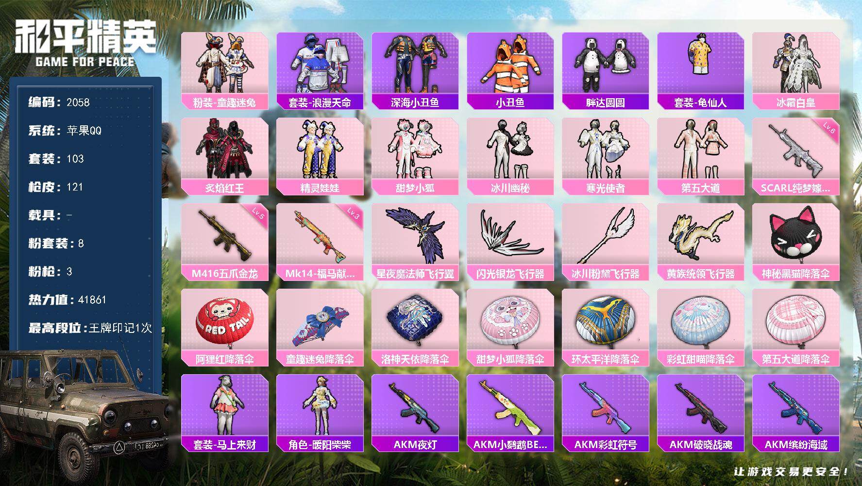 和平精英账号苹果QQ【2058】【极品妹妹公主号·8粉·3特·奇迹天团·小狐·童趣迷兔·第五大道··寒光使者·小丑鱼·浪