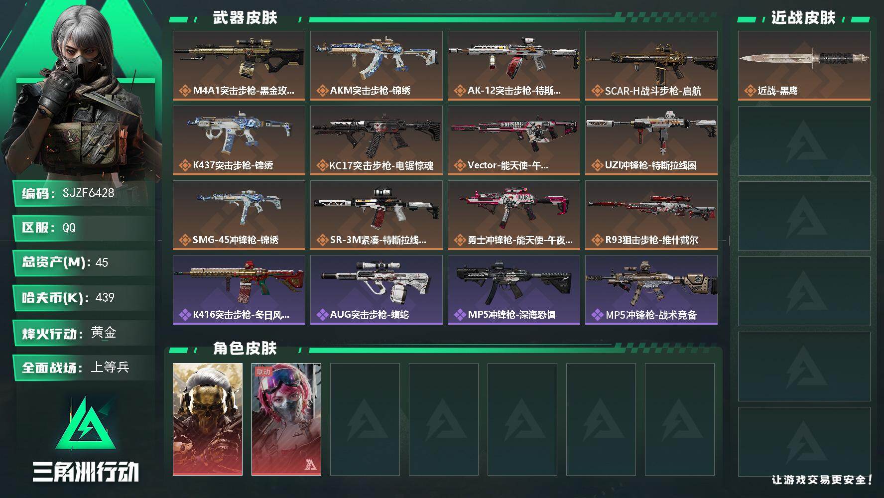 三角洲行动账号QQ【SJZF6428】总资产(M)：45M/哈夫币(K)：439K/哈夫币(K)：439K/传说枪皮数：12/全面战场等级：24_段位：上等兵/烽火地带等级：39_段位：黄金/红狼-蚀金玫瑰/蛊-能天