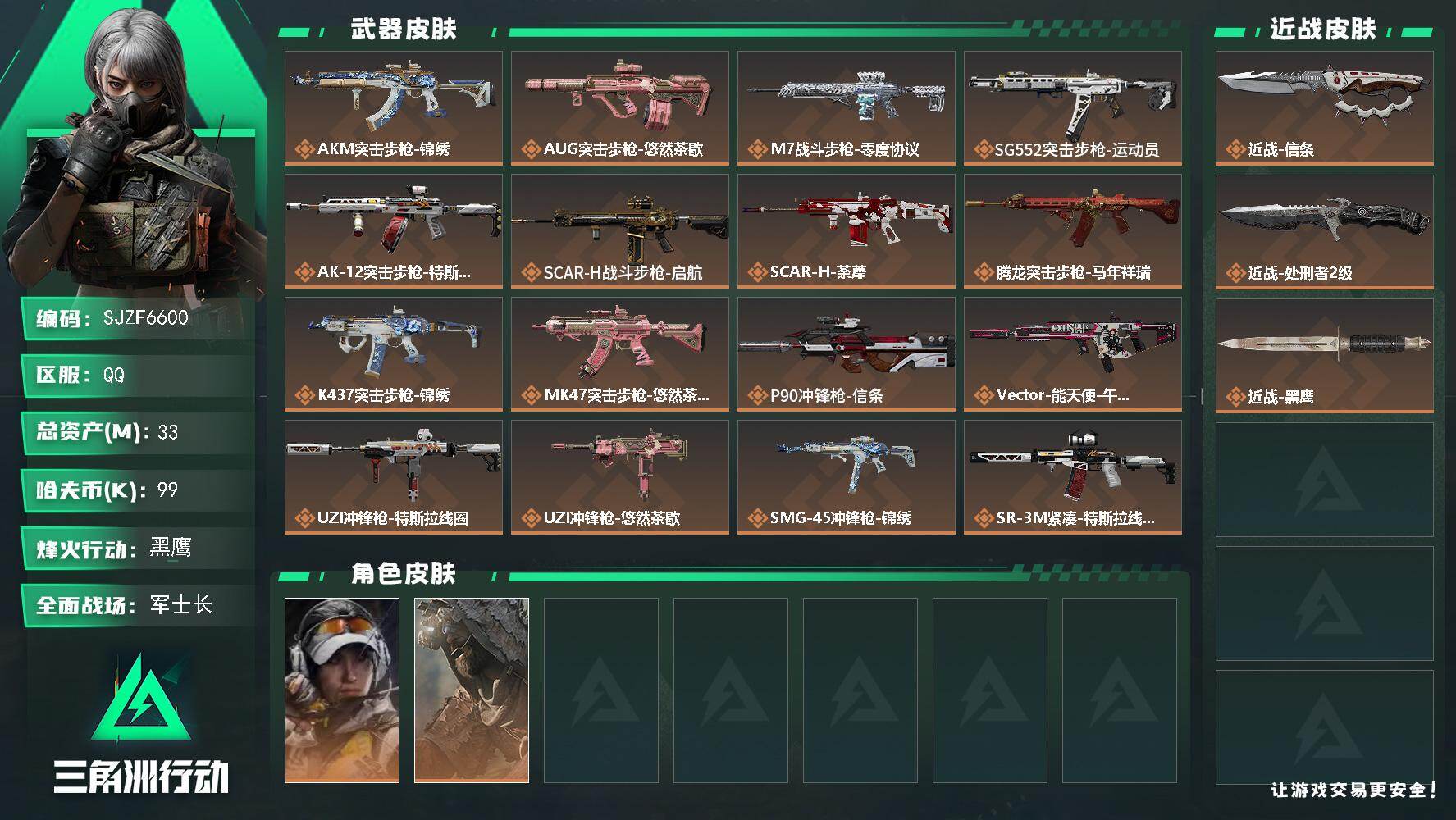三角洲行动账号QQ【SJZF6600】总资产(M)：33M/哈夫币(K)：99K/哈夫币(K)：99K/传说枪皮数：26/全面战场等级：34_段位：军士长/烽火地带等级：60_段位：黑鹰/露娜-金牌射手/乌鲁鲁-荒原