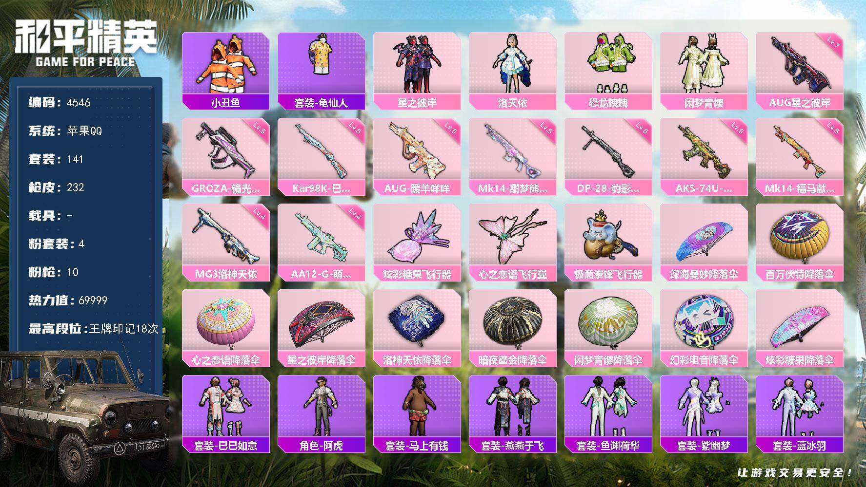 和平精英账号苹果QQ141套装/枪械10/装备243/战备150/王牌印记18/热力值69999/五级GROZA-镜光银