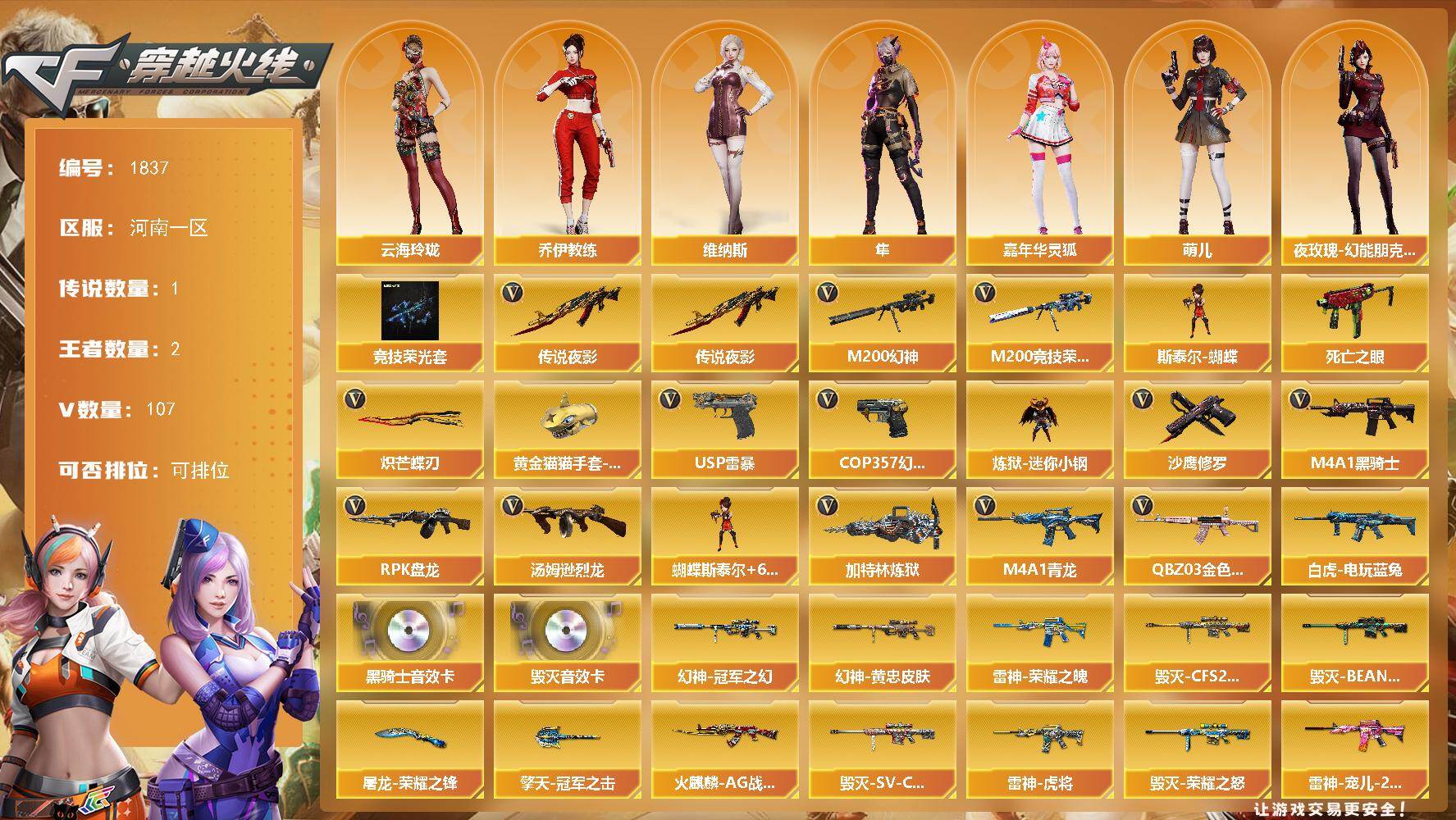 穿越火线账号北部战区河南一区-107V  2王者
【传说武器】：传说夜影
【传说角色】：四防传说艾莉莎
【热门武器】：传