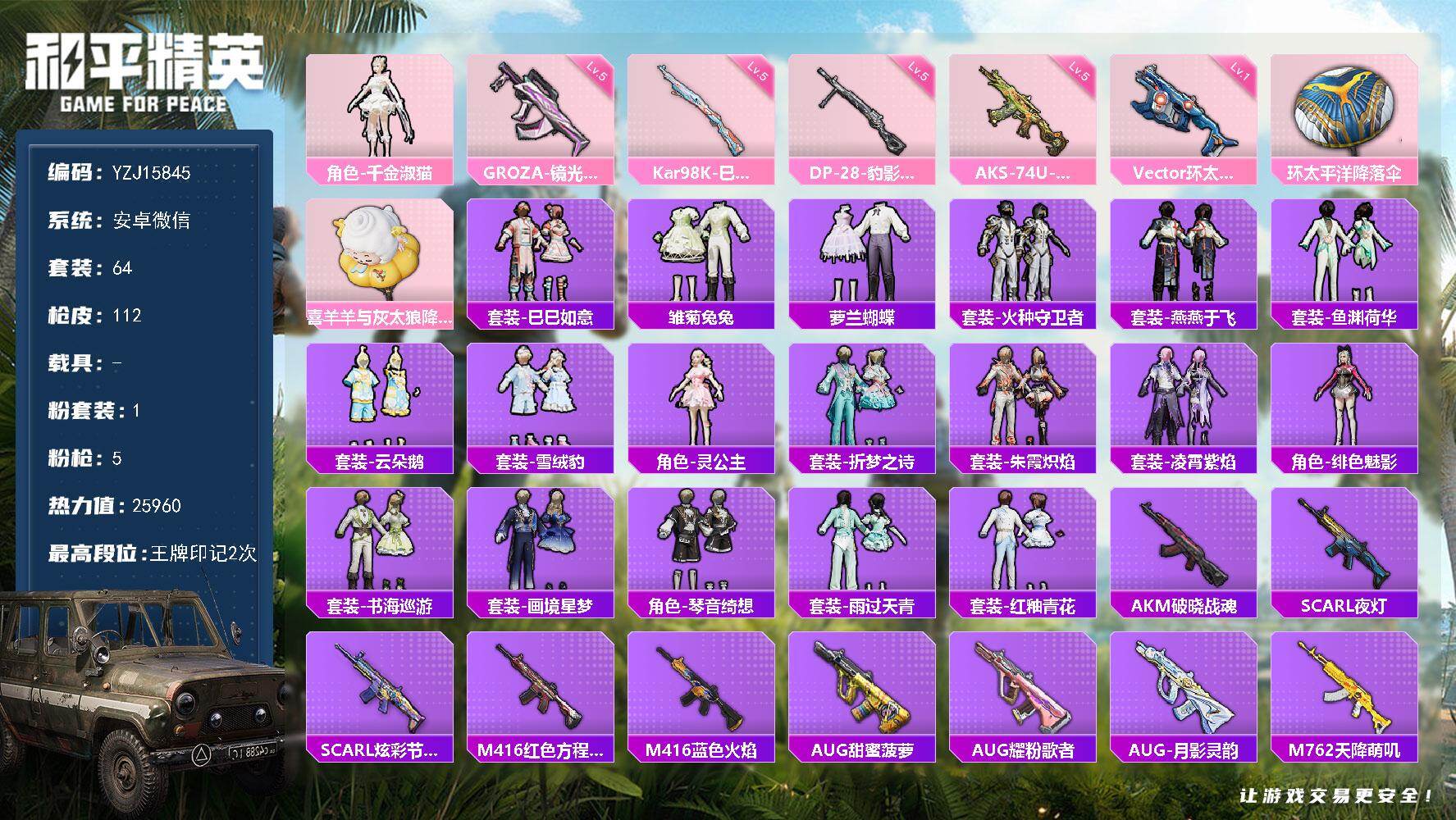 和平精英账号安卓微信YZJ15845-可二次-安卓V-1粉装5特效枪1热门【精品小女号 千金淑猫 白光莹 灵公主 云朵鹅