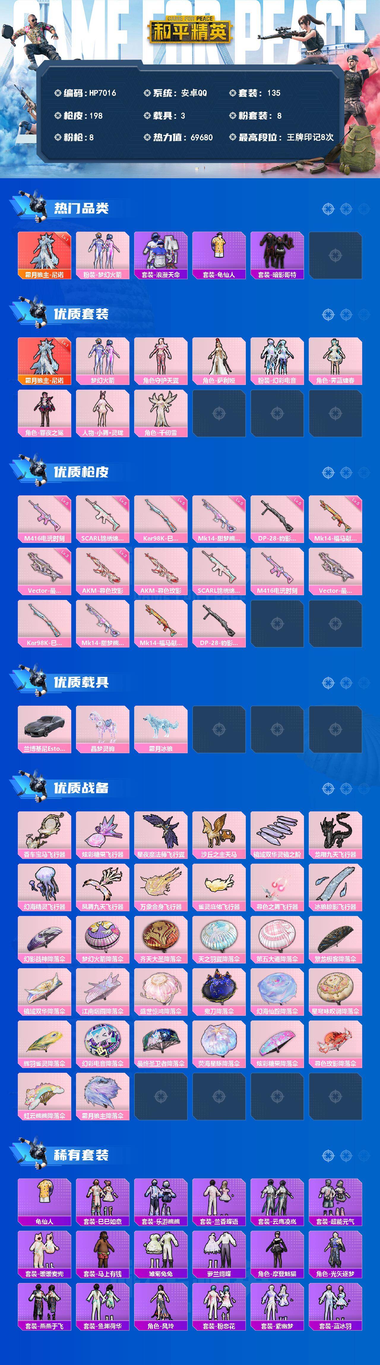 和平精英账号安卓QQ3载具-135套装-198枪皮-（1红套8粉套8粉枪3载具）地铁马上满天赋/尼诺一级/浪漫天命/暗影