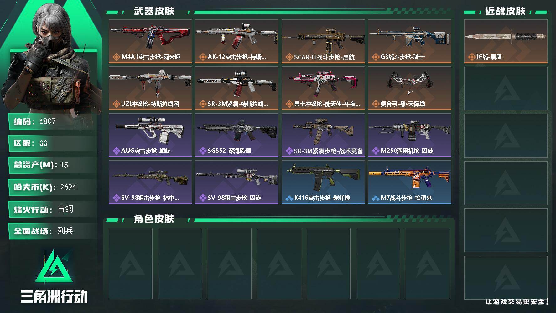 三角洲行动账号QQ总资产(M)：15M/哈夫币(K)：2694K/哈夫币(K)：2694K/传说枪皮数：8/全面战场等