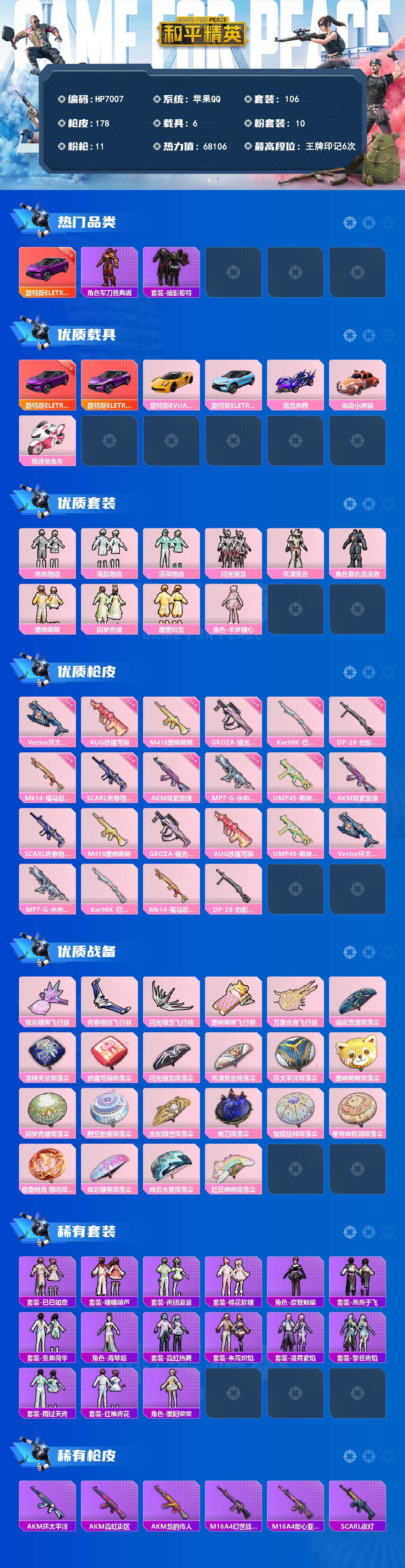 和平精英账号苹果QQ（1红载具10粉套11粉枪5载具）地铁马上满天赋/路特斯电光紫六级/暗影哥特/岚岚物语/海盐物语/薄