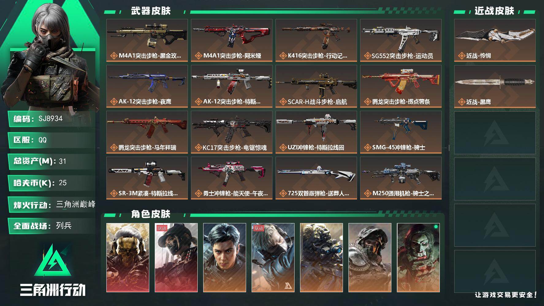 三角洲行动账号QQ【SJ8934】总资产(M)：31M/哈夫币(K)：25K/哈夫币(K)：25K/传说枪皮数：24/