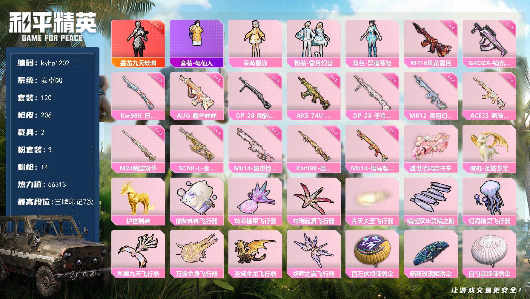 和平精英账号安卓QQ安卓 手Q-1神装-3粉装-14特效枪-2载具-10粉色飞行器-66313热力值-7王牌印记-120