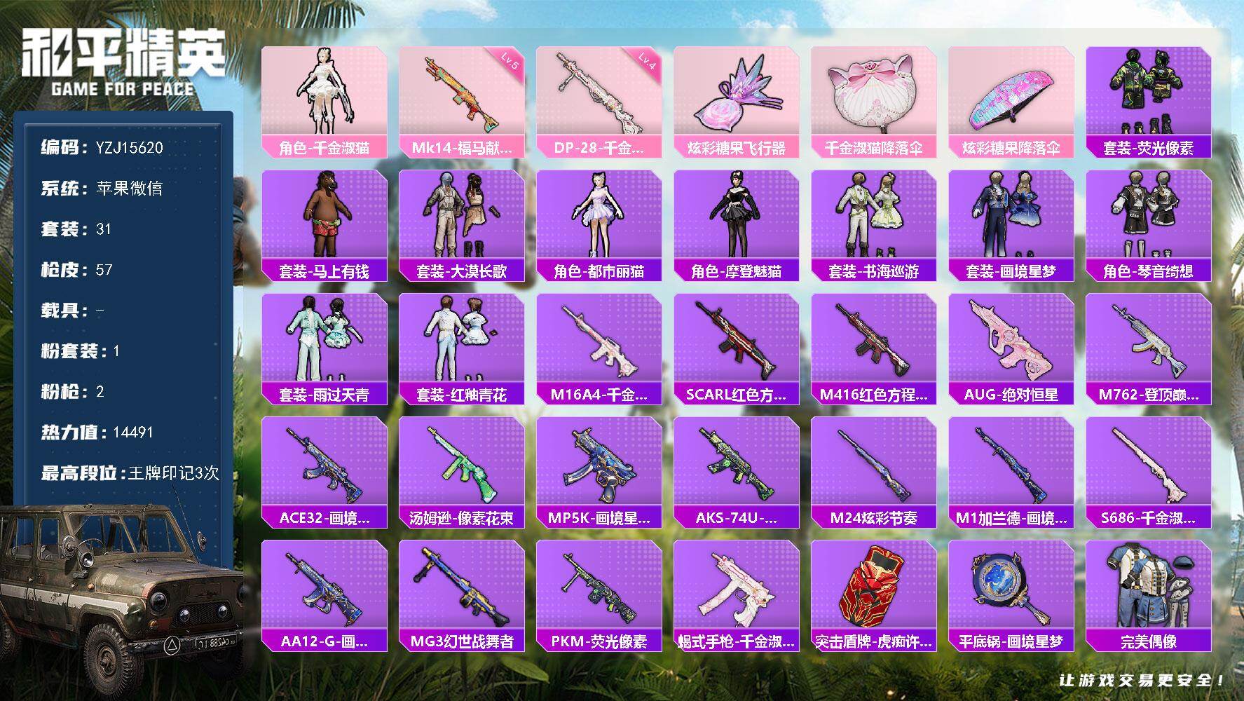 和平精英账号苹果微信0载具-31套装-57枪皮-无二次 苹果V-1粉装2特效枪1热门 小女号 带地铁 31套装57枪皮 