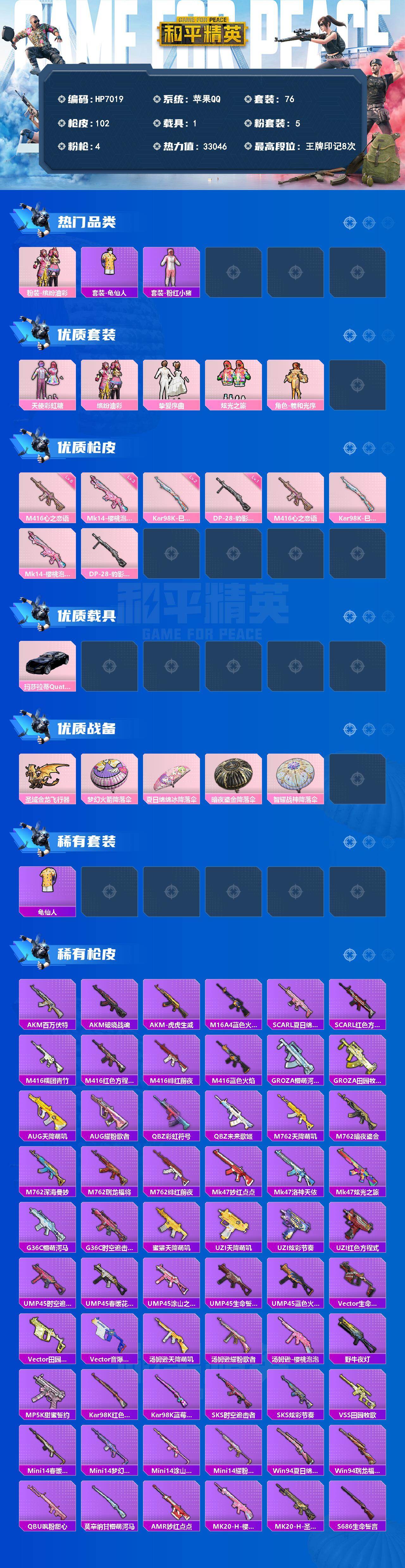 和平精英账号苹果QQ（5粉套4粉枪1载具）龟仙人/粉红小猪/天使彩虹糖/缤纷油彩/挚爱序曲/炫光之旅/羲和光序/M416