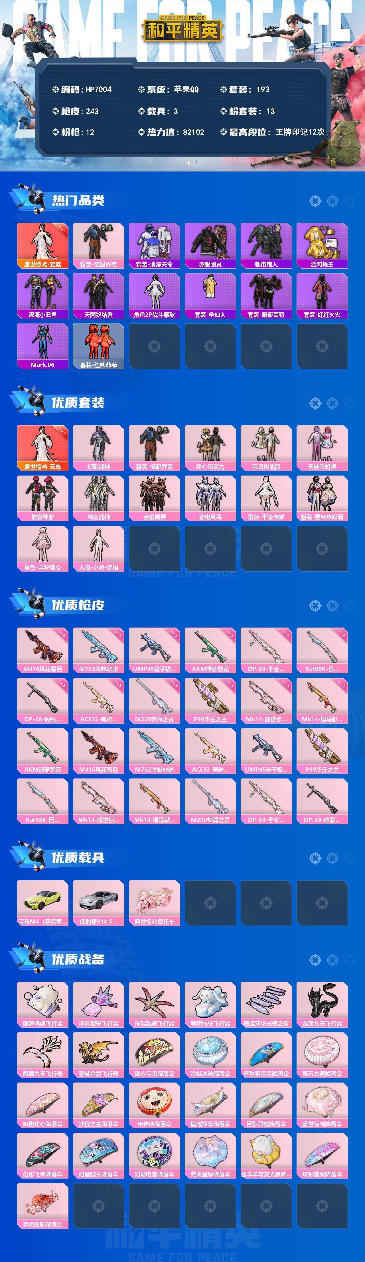 和平精英账号苹果QQ男神号-地铁满天赋-云鸾/怪诞乔克/千金淑猫/羊梦糖心/M4风花雪月6级/Mk14盛世惊鸿3级/Ma