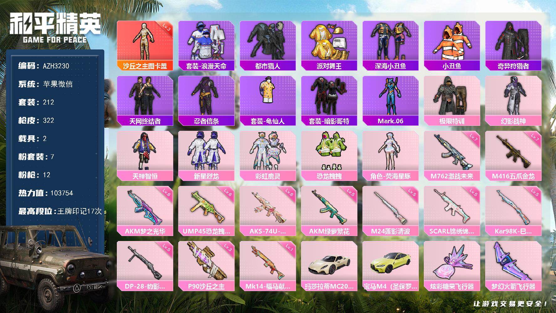 和平精英账号苹果微信2载具-212套装-322枪皮-【AZH3230】苹果 微信【三级图卡盟 都市天网终结者极限特训幻影